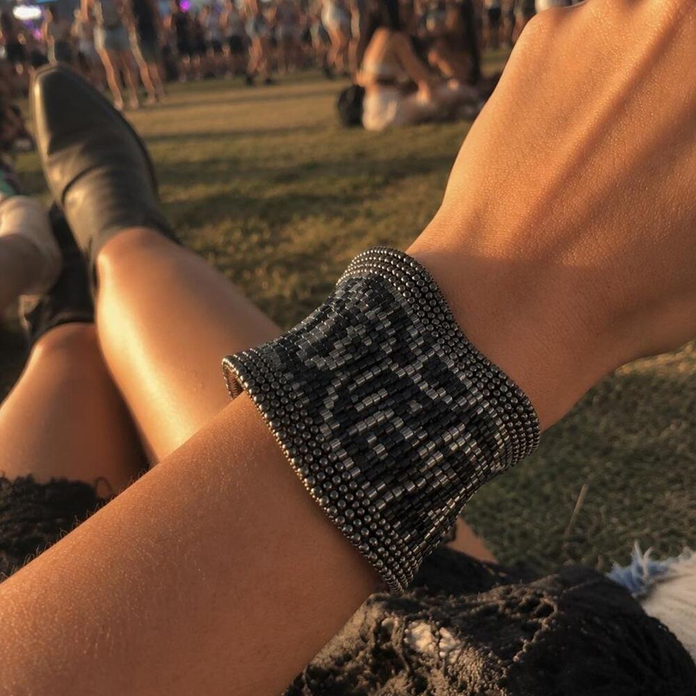 Handmade Style Black Silver Beaded Cuff Bracelet